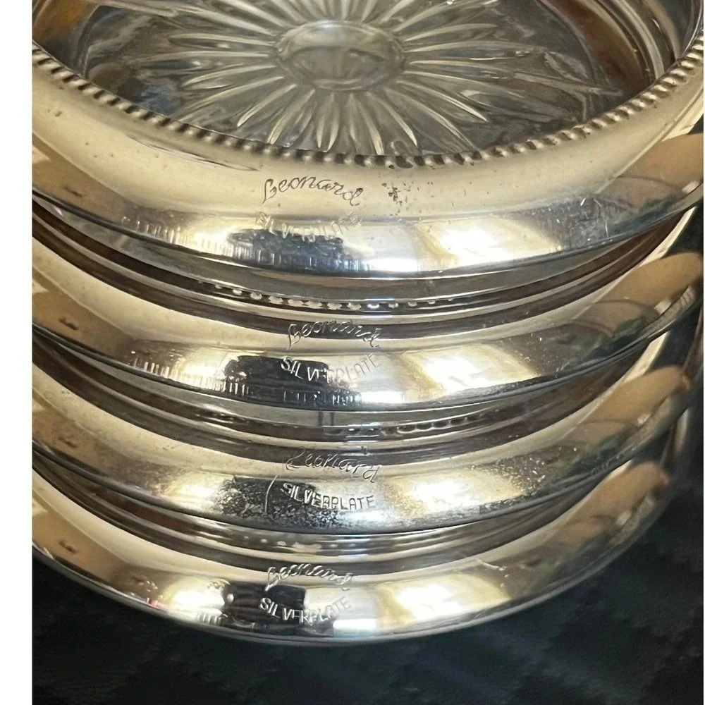 Leonard Silverplate Glass Starburst Coasters Set of 4 Made in Italy Beaded Rim